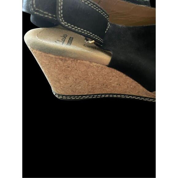 Clarks Womens Black Tan Helio Float Cork Wedge Slingback Sandal Size 8.5 - Picture 5 of 12
